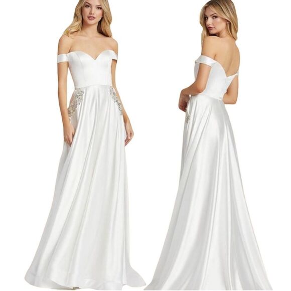 BRIDAL Gown Ieena for Mac Duggal OFF THE SHOULDER EMBELLISHED SATIN Size 2 NWT - Picture 3 of 11